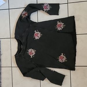 Lucky Brand Distressed Rose Crew Neck Pullover SMALL 